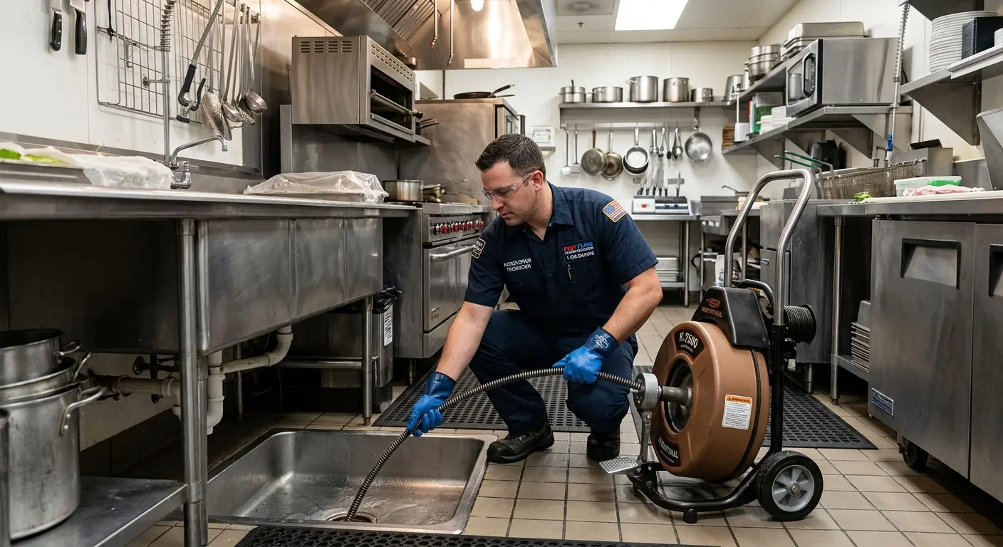 Commercial drain cleaning service in a restaurant kitchen in Rome