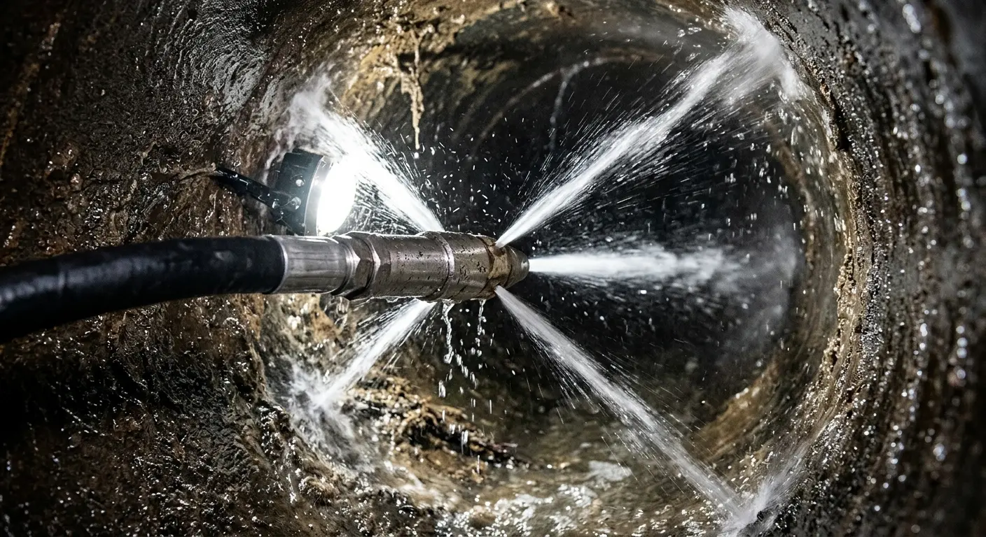 High-pressure hydro jetting nozzle cleaning sewer pipe for Emergency Drain Service in Rome