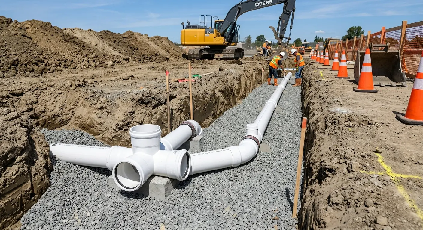 New PVC sewer pipe installation in open trench for Grease Trap Cleaning in Rome
