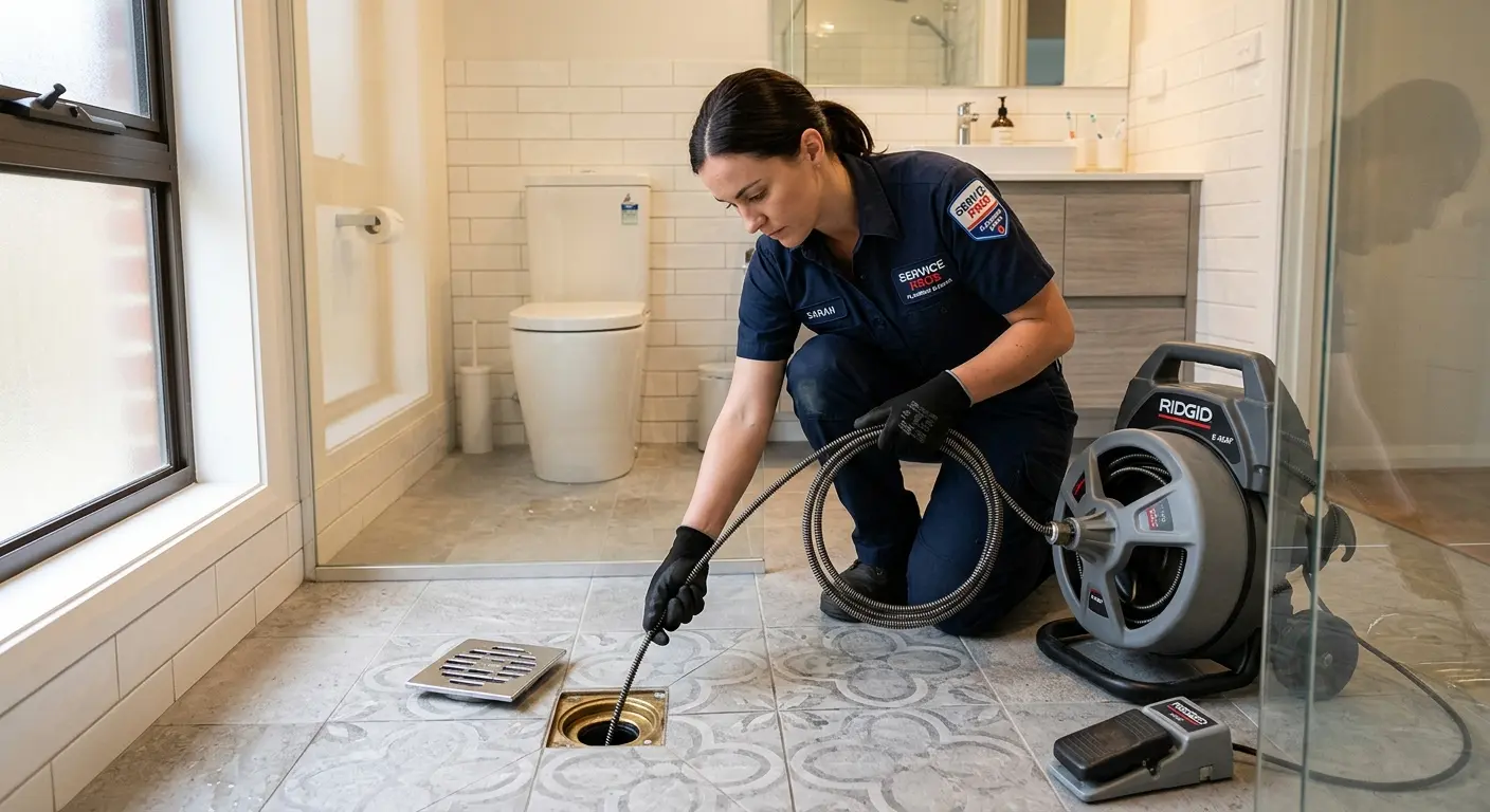 Technician clearing a bathroom floor drain for Clogged Drain Repair in Rome